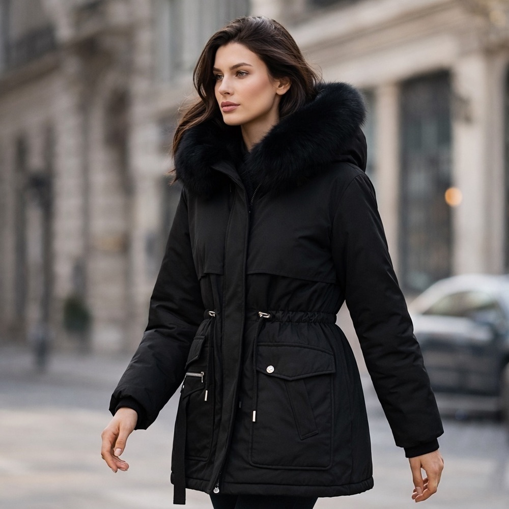 NEW with tags - Black Puffer Parka w/ Detachable Faux Fur Lining + Cinch Waist